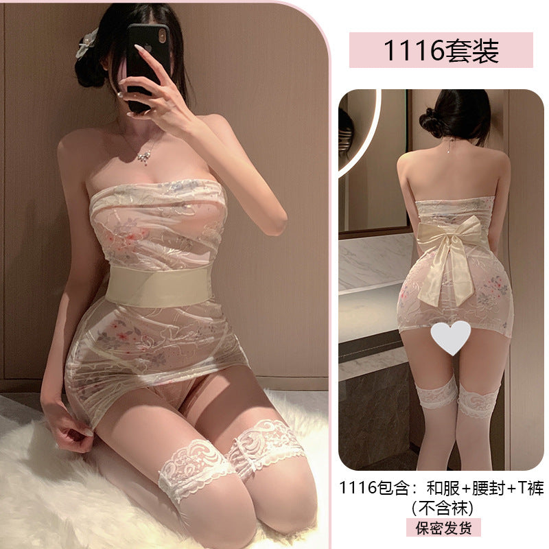 Image of Transparent embroidery erotic lingerie sexy Japanese bra wrap kimono uniform temptation passion suit date robe 1116